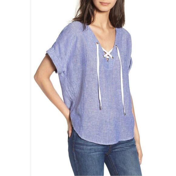 Rails Women’s Jeri White Stripe Lace Up Shirt Top Size Medium MSRP $168 - Picture 1 of 10